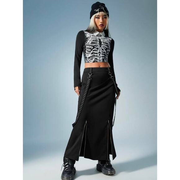 Shein Goth Long Skirt Zippers Straps Women's Size 4 Black Punk Studded Maxi - Picture 1 of 13